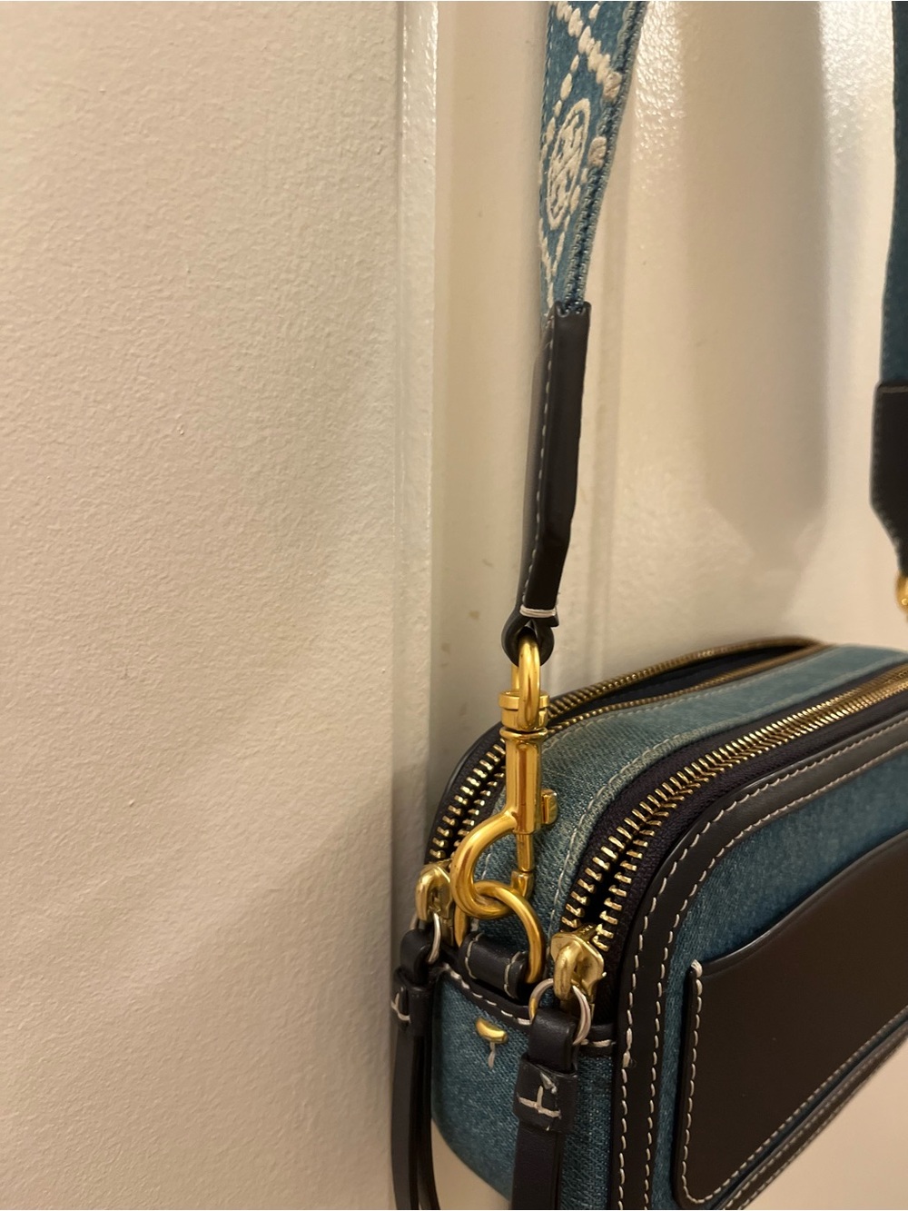 Tory Burch Mini Miller Denim Crossbody Bag Navy Leather Trim Logo Strap - Picture 6 of 12